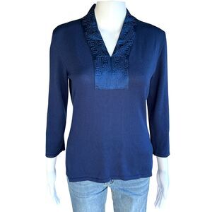 Shanghai Tang Womens Top Size Medium Navy Blue Embroidered Mulberry Silk Cotton